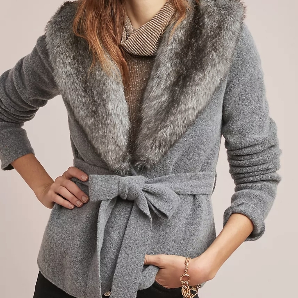 Anthropologie Bois du Boulogne ett:twa faux fur collar wrap jacket coat size L